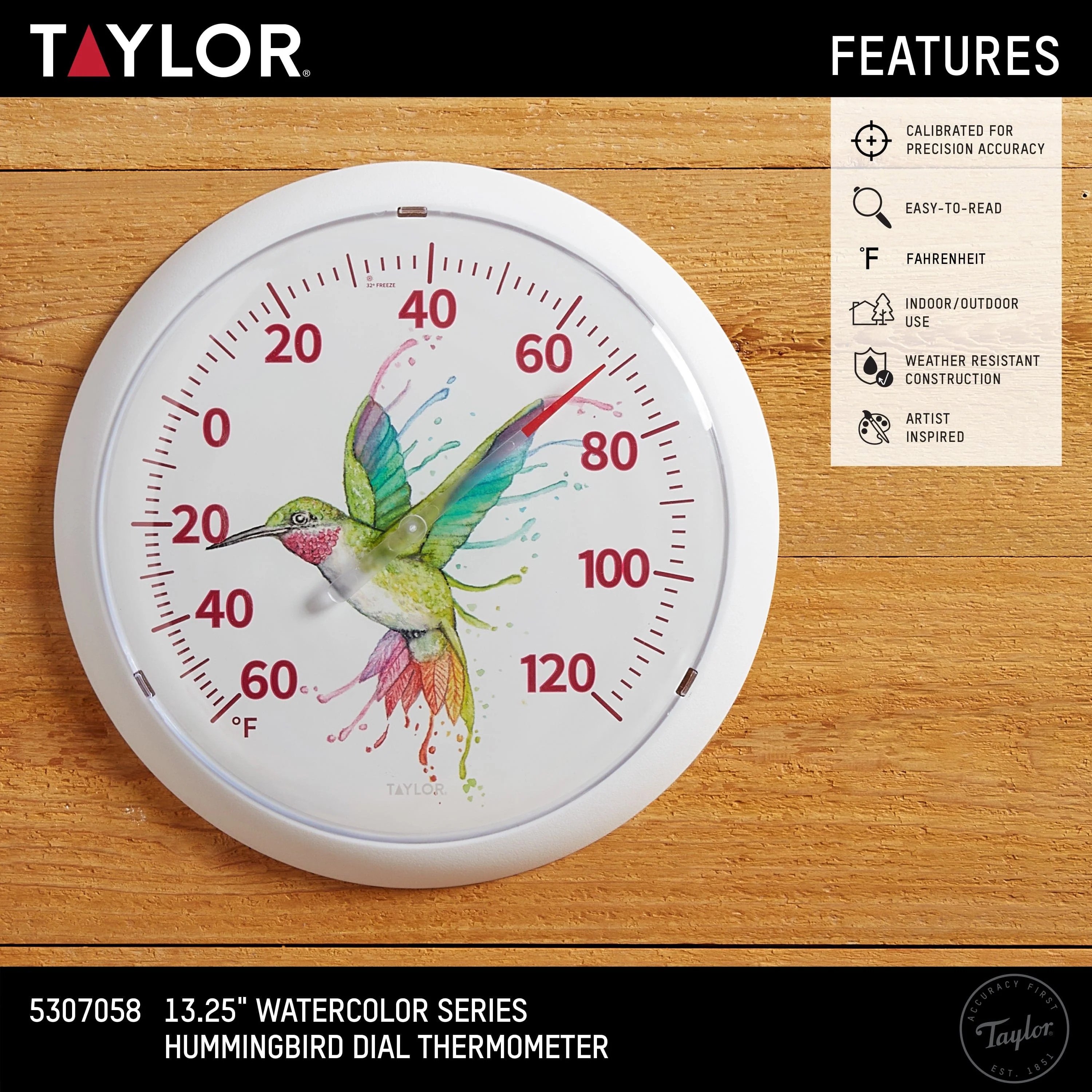 13.25" Round Dial Rainbow Droplets Hummingbird Thermometer - Image 2
