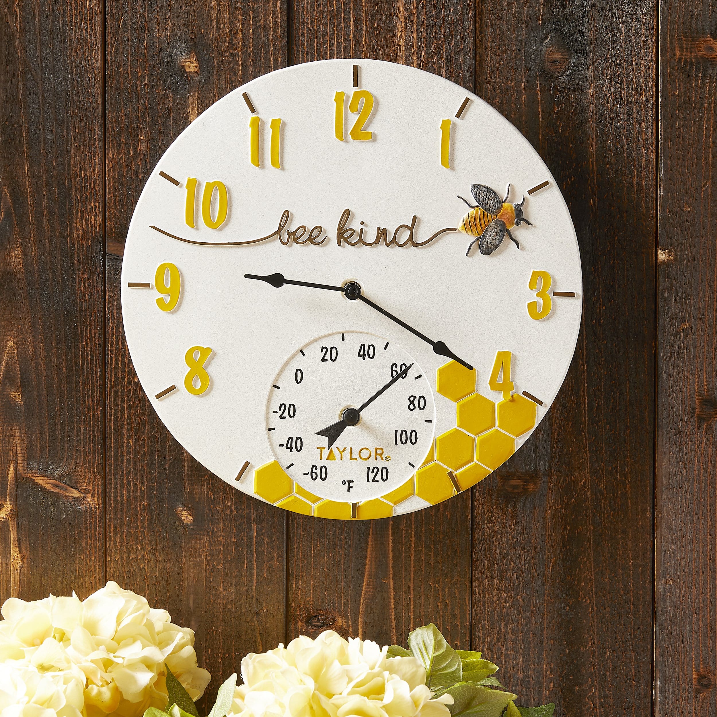 14" Bee Kind Poly Resin Clock with Thermometer - Image 4