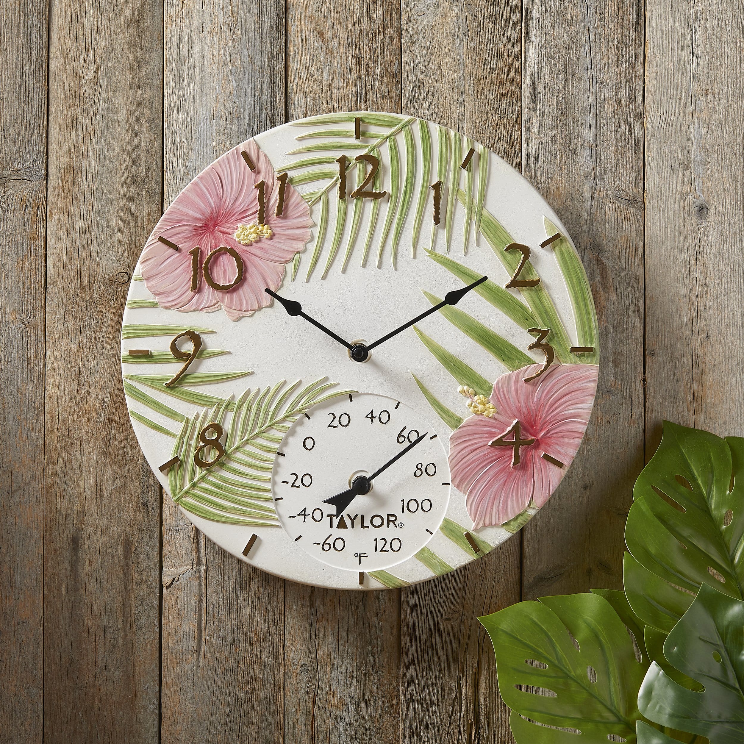 14" Pink Hibiscus Poly Resin Clock with Thermometer - Image 4