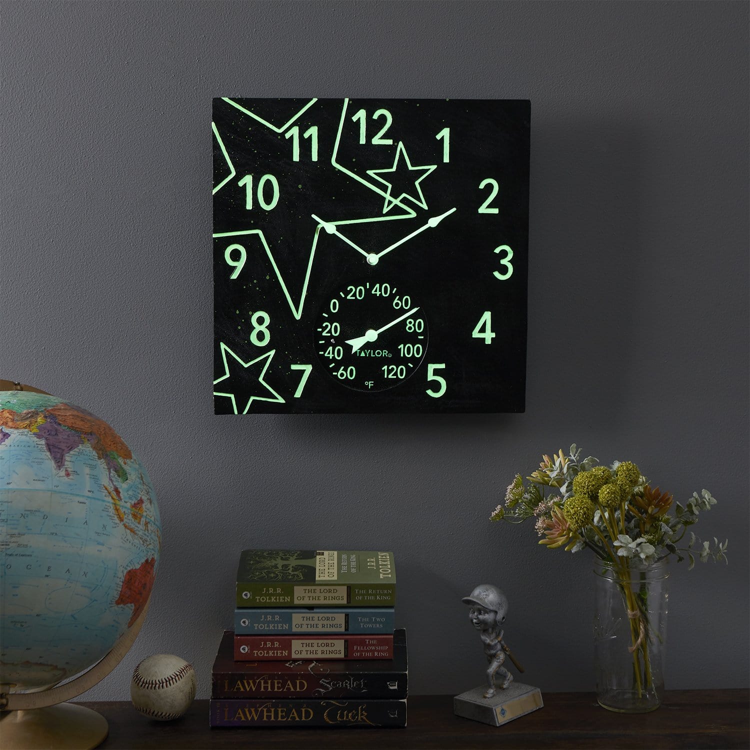 14"x14" Midnight Stars Glow in the Dark Clock with Thermometer - Image 3